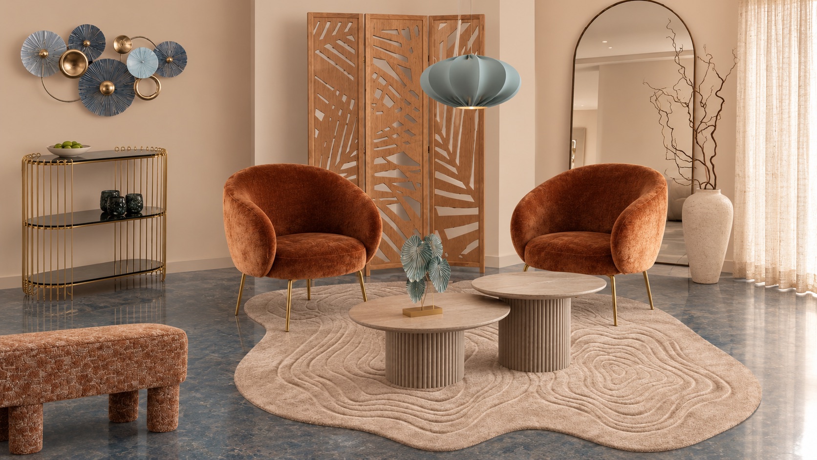 De ontvangstruimte van BeauMedic met terracotta fauteuils